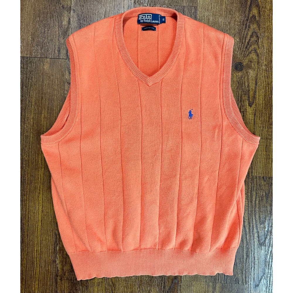 Polo Ralph Lauren Mens V-Neck Sweater Vest Orange Cotton Ribbed Small Blue Pony